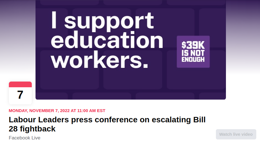 11am, Nov. 7: Labour Leaders press conference on escalating Bill 28 fightback